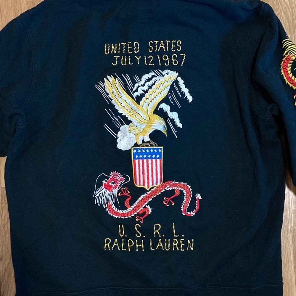 RARE RLX Ralph Lauren Men L Embroidered Eagle & Dragon  Hooded Zip Jacket Black